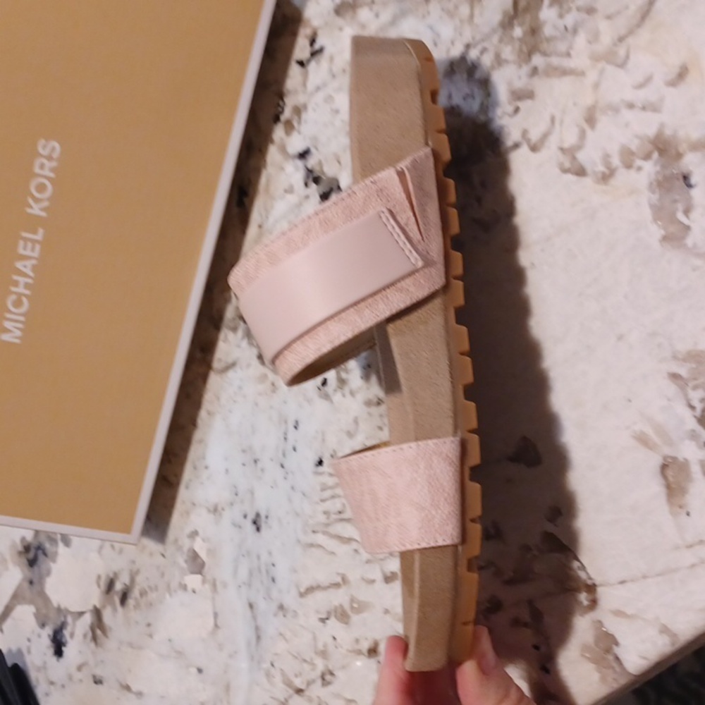 Michael Kors Blush Pink Mylah MK Signature Print Slide Sandals NEW SZ 6.5 - Picture 9 of 14